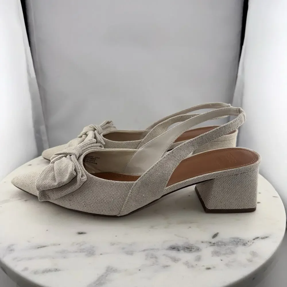 ASOS Suzy‎ Bow Slingback Heels EU40 US9 Beige Fabric Pointed Toe Block Heel